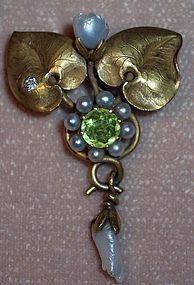 Art Nouveau 14k Gold Lavalier Pin Pendant Pearl Lily