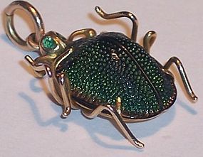 Antique 14k Gold Enamel Emerald Scarab Bug Insect Pendant Charm Egypt