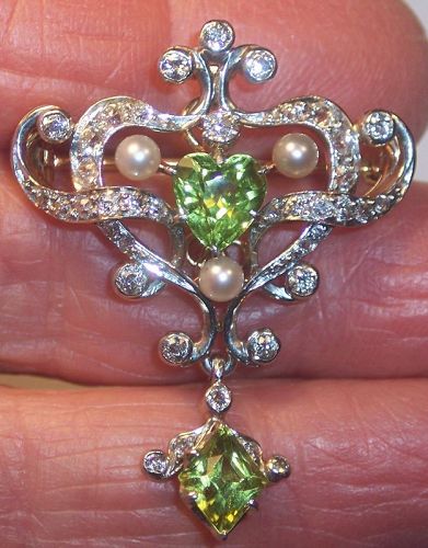 Art Nouveau 14k Gold Pendant Brooch Pin Necklace Peridot Diamond Pearl