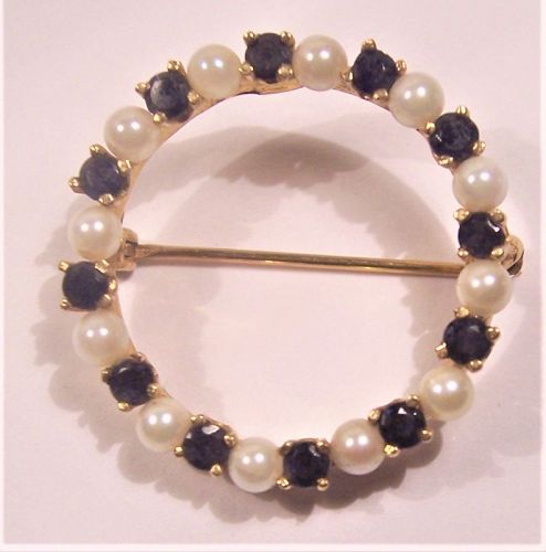 Vintage 14k Gold Sapphire & Pearl Circle Pin Brooch