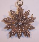 Antique 14k Gold Sunburst Star Seed Pearl Diamond Brooch Pin Pendant
