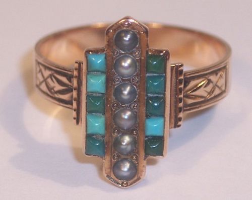 Antique 14k Gold Etruscan Revival Persian Turquoise Seed Pearl Ring