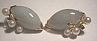 Vintage Jade Pearl 14k Gold Clip Earrings
