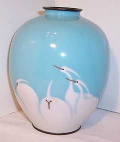 Antique Japanese Cloisonne Vase Mint Egrets Sgnd