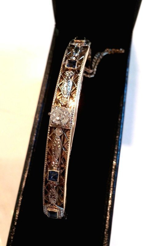 ANTIQUE DIAMOND BANGLE BRACELET 14k &amp; HALF CARAT OLD MINE CUT