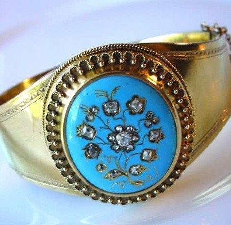 RUSSIAN 14K ENAMEL &amp; OLD CUT DIAMONDS BANGLE BRACELET