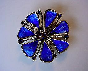 STERLING DAVID ANDERSEN BLUE ENAMEL FLOWER BROOCH