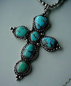 STERLING & TURQUOISE NATIVE AMERICAN CROSS AND CHAIN