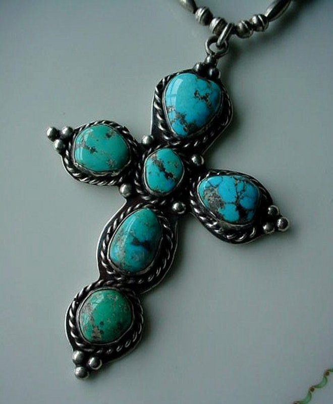 STERLING &amp; TURQUOISE NATIVE AMERICAN CROSS AND CHAIN