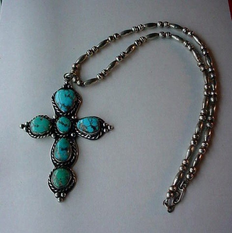 STERLING &amp; TURQUOISE NATIVE AMERICAN CROSS AND CHAIN