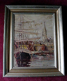 M. KEVORKIAN SHIPS IN A HARBOR OIL ON BOARD 9" X 12"