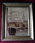 M. KEVORKIAN SHIPS IN A HARBOR OIL ON BOARD 9" X 12"