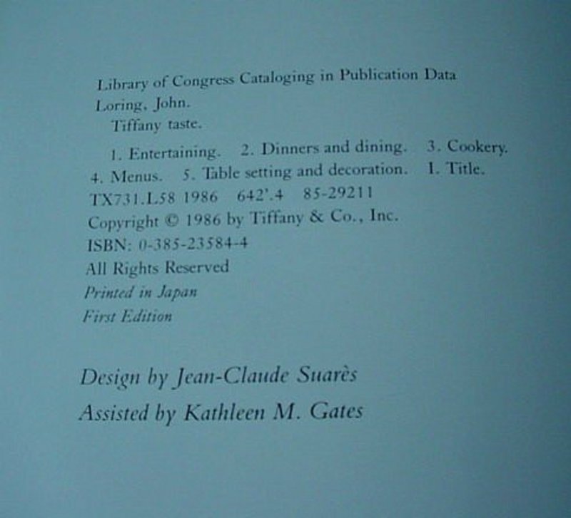 TIFFANY TASTE ... JOHN LORING 1986 FIRST EDITION