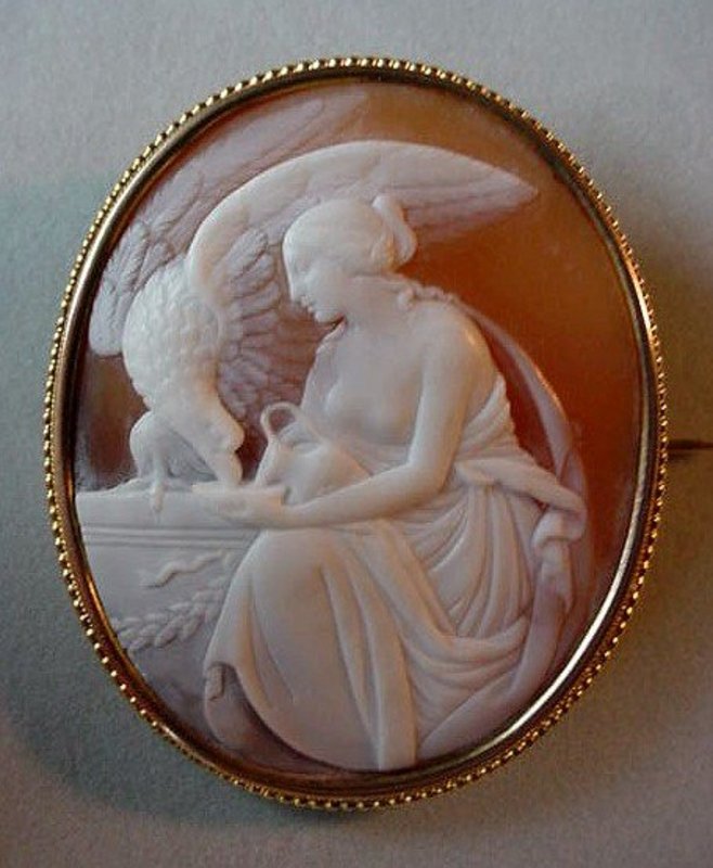 FANTASTIC 14K HEBES AND THE EAGLE CAMEO BROOCH Ca. 1900