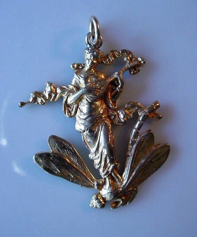 ART NOUVEAU PENDANT LADY STANDING ATOP A DRAGONFLY