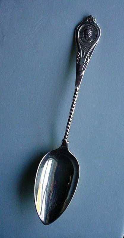 ALBERT COLES COIN SILVER SPOON TWIST HANDLE &amp; MEDALLION