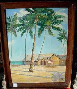 PALM TREES AND COTTAGE PAINTING Ca. 1925- 1950 O/C