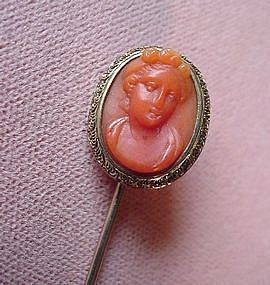 CORAL CAMEO STICK PIN In 14K GOLD