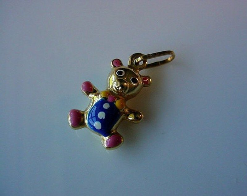 14K TEDDY BEAR CHARM WITH BLUE & RED ENAMELS