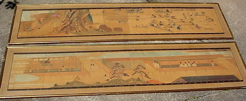 PAIR OF ANTIQUE JAPANESE PAINTED PANELS 10' X 2' each