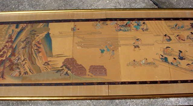 PAIR OF ANTIQUE JAPANESE PAINTED PANELS 10' X 2' each