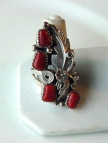 STERLING & CORAL NATIVE AMERICAN RING