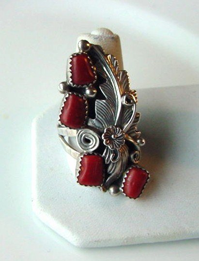 STERLING &amp; CORAL NATIVE AMERICAN RING