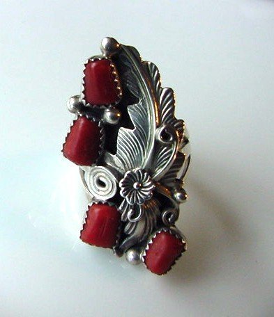STERLING &amp; CORAL NATIVE AMERICAN RING