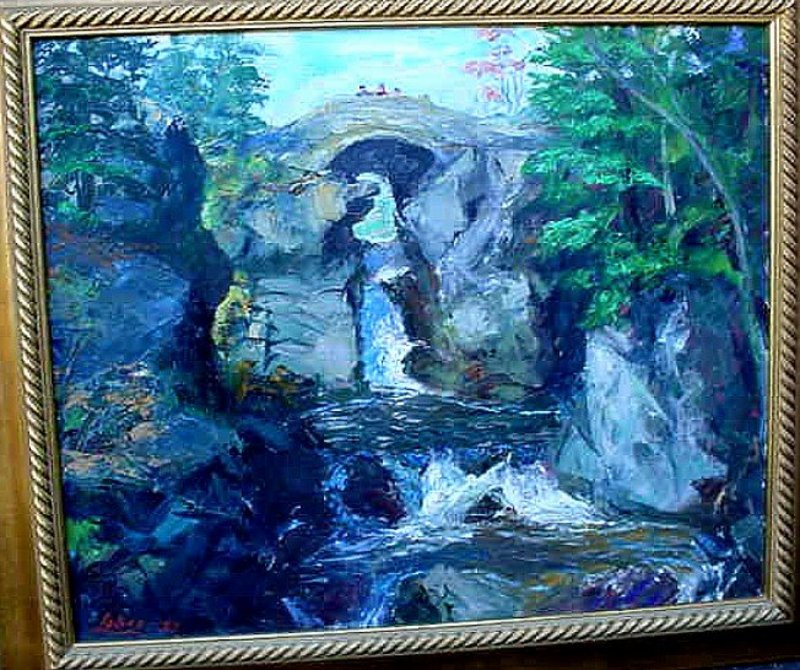 A.W.LAHEE.. OIL ON CANVAS WATERFALL SCENE LISTED ARTIST