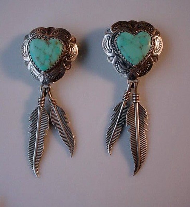 STER HEART FEATHERS &amp; TURQUOISE NATIVE AMERICAN ER's