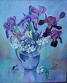 DC ARTIST LEWIS BARBOUR OIL ON CANVAS IRISES IN A VASE