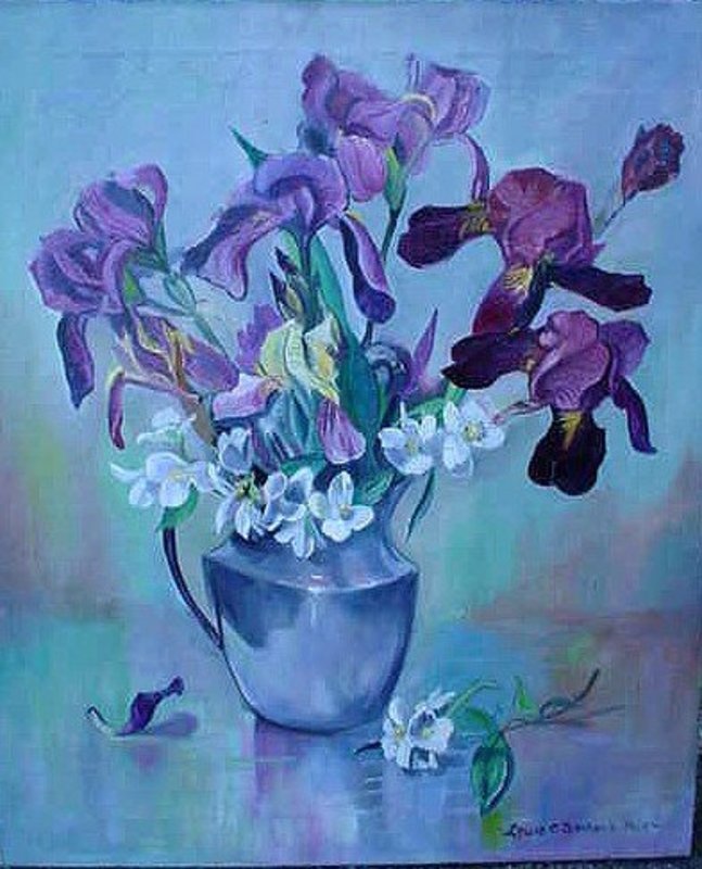 DC ARTIST LEWIS BARBOUR OIL ON CANVAS IRISES IN A VASE