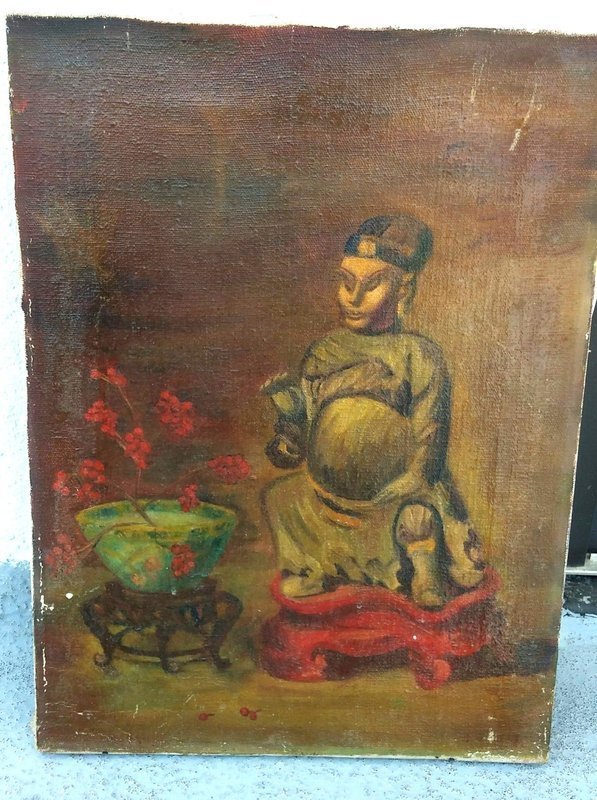 ANTIQUE OIL ON CANVAS PAINTING BUDDHA &amp; CHINESE BOWL Signed STEIN