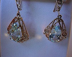 PAIR AQUAMARINE & 14K YG FILIGREE EARRINGS PEAR SHAPE