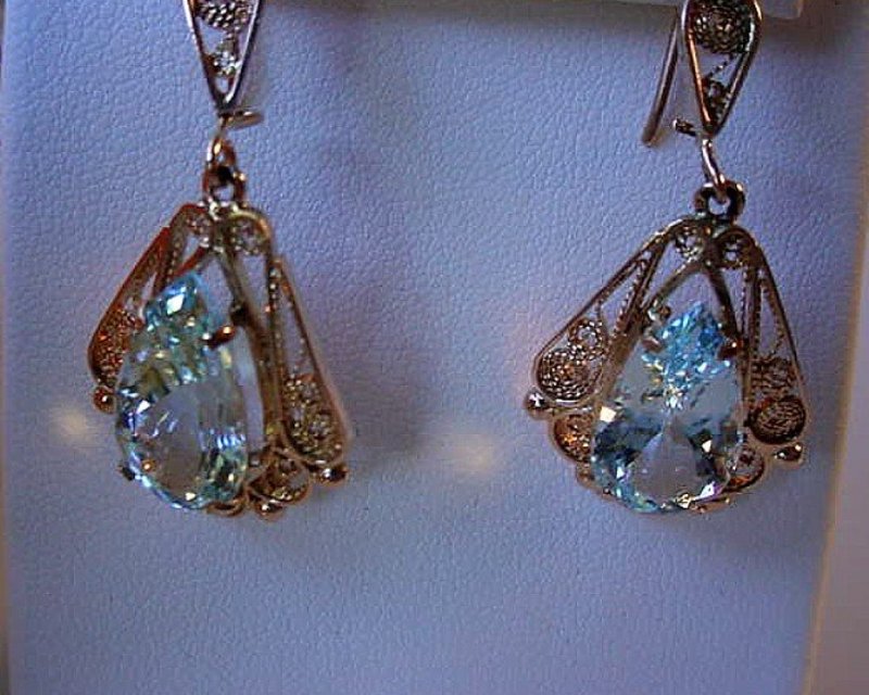 PAIR AQUAMARINE &amp; 14K YG FILIGREE EARRINGS PEAR SHAPE