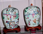 PAIR CHINESE POLYCHROME PORCELAIN COVERED JARS ca.1925