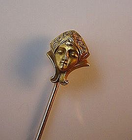 14K ART NOUVEAU GOLD STICK PIN... FACE OF A LADY