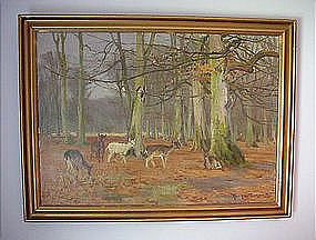 OIL ON CANVAS DEER IN A FOREST R. NIELSEN LISTED ARTIST