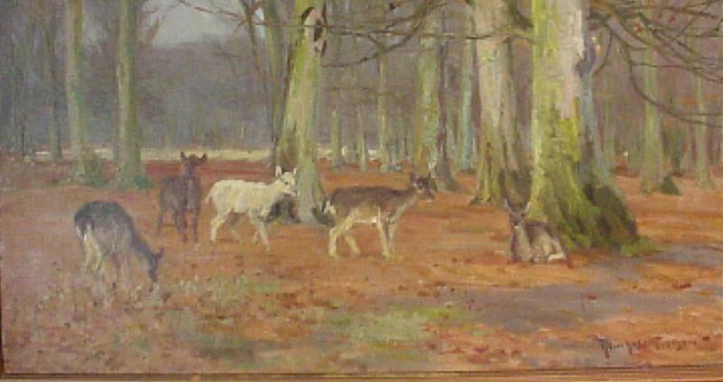 OIL ON CANVAS DEER IN A FOREST R. NIELSEN LISTED ARTIST