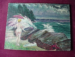 OIL on ARTIST's BOARD..NUDE LADY with Parasol by GILBERT E. BALDWIN
