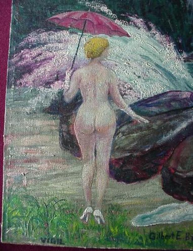 OIL on ARTIST's BOARD..NUDE LADY with Parasol by GILBERT E. BALDWIN
