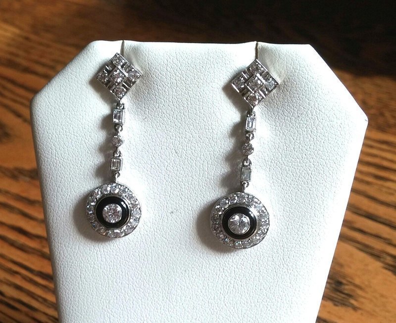 Pr. PLATINUM DIAMOND ONYX EARRINGS Virginia, USA Estate