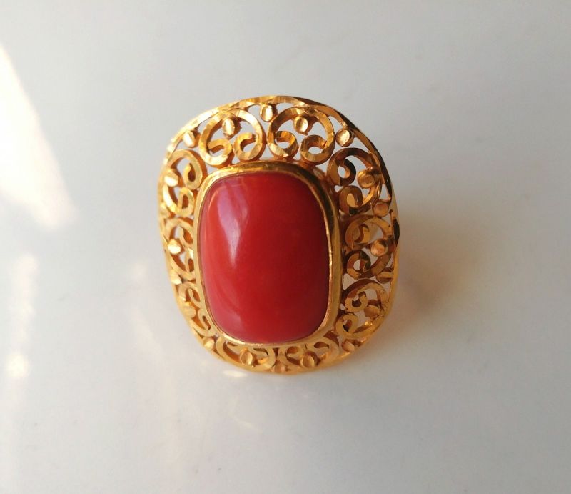 AMAZING 22K YELLOW GOLD CORAL RING HANDCRAFTED FILIGREE