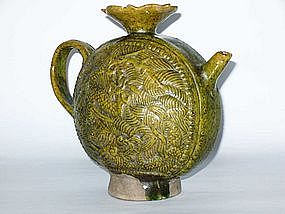 Liao Dynasty - Moulded Green Glazed Moon Flask Ewer