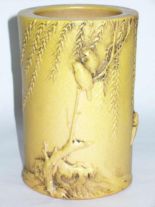 Qing Dynasty - Wang Bingrong Yellow Glazed Brush Pot