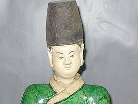 Ming Dynasty - Large Funerary Green Glazed Attendant