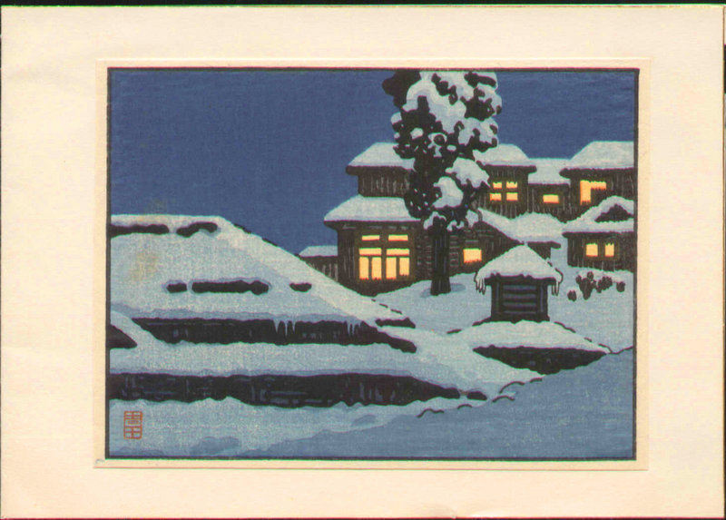 Toshi Yoshida  Woodblock Print - Night Snow Scene SOLD