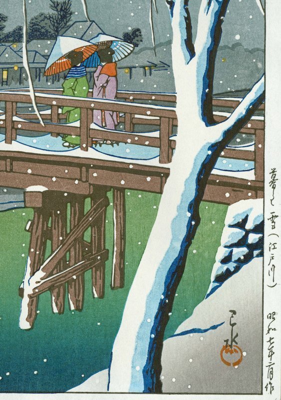 Kawase Hasui Woodblock Print - Evening Snow, Edo River SOLD