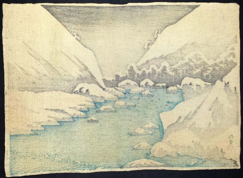 Narazaki Eisho Japanese Woodblock Print - Futagawa River in Snow SOLD