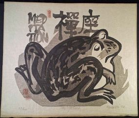 Clifton Karhu Japanese Woodblock Print - Frog in Zazen Meditation